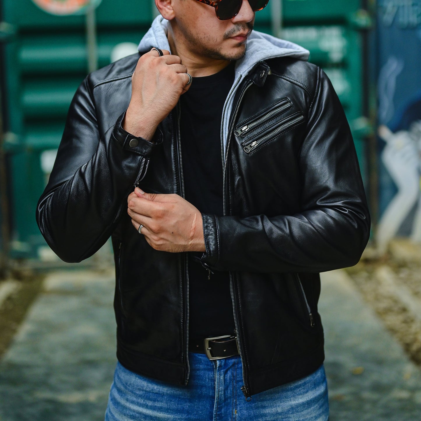 Jild Casual Hooded Vintage Leather Jacket Men with Removable Hood