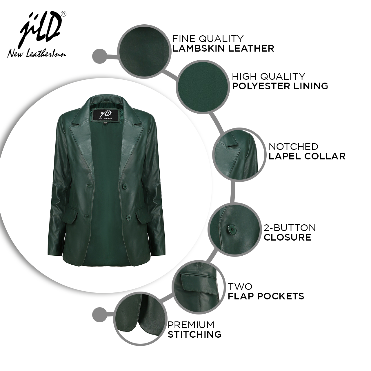 Women's Jild Classic Lambskin Green Leather Blazer