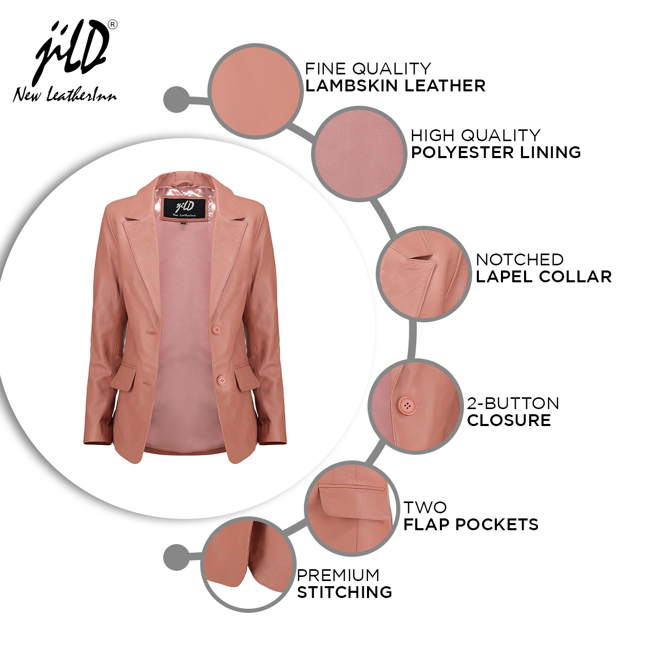 Women's Jild Classic Lambskin Pink Leather Blazer