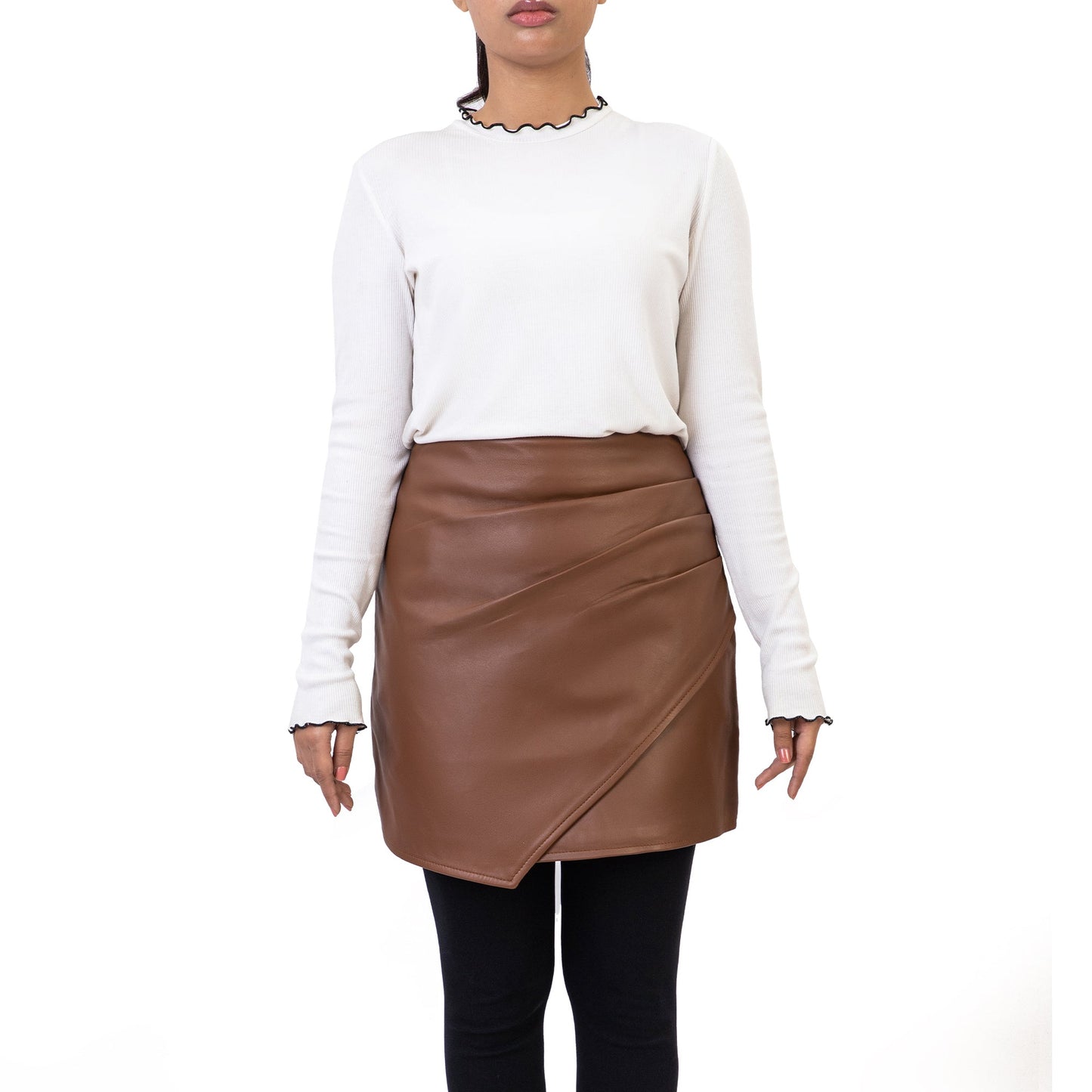 Pleated Ruched Wrap High Waisted Womens Real Leather Skirt