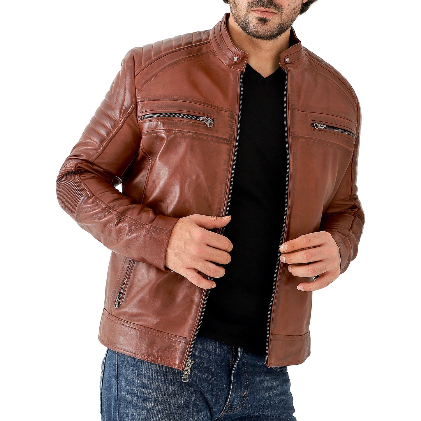 Jild Men's Cafe Racer Biker Leather Jacket