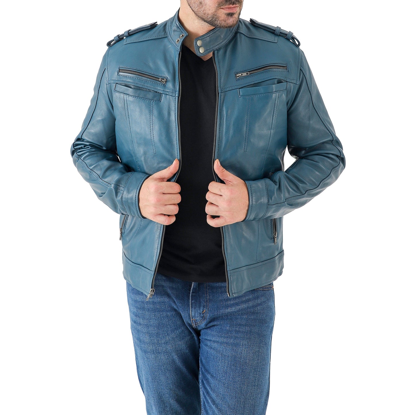 Men’s Waxed Leather Biker Jacket – Vintage Style with Shoulder Epaulettes