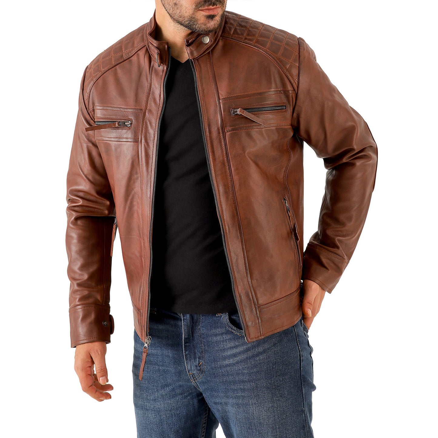Men’s Vintage Brown Diamond Lambskin Leather Biker Jacket