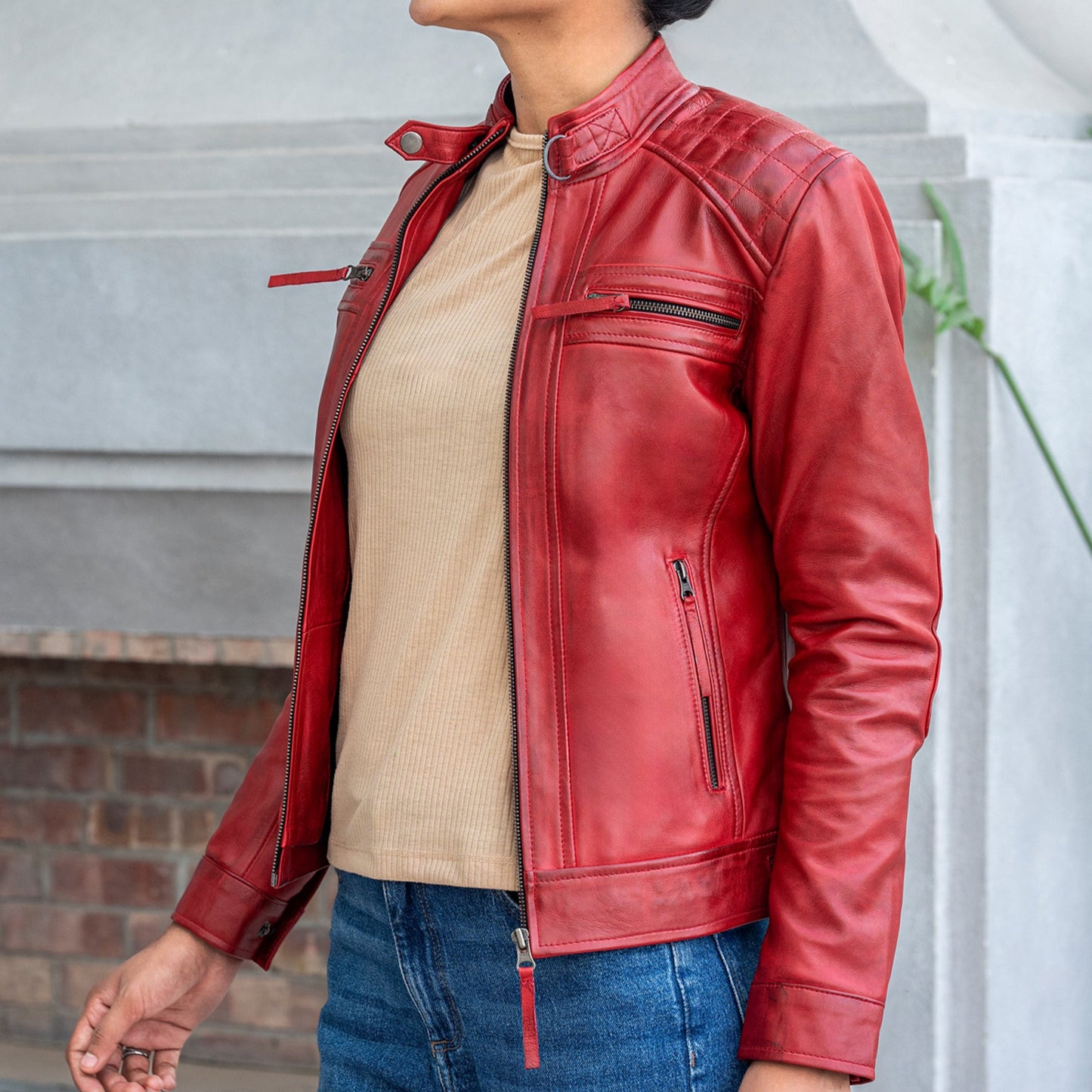 Women’s Quilted Lambskin Leather Jacket  Cafe Racer Style