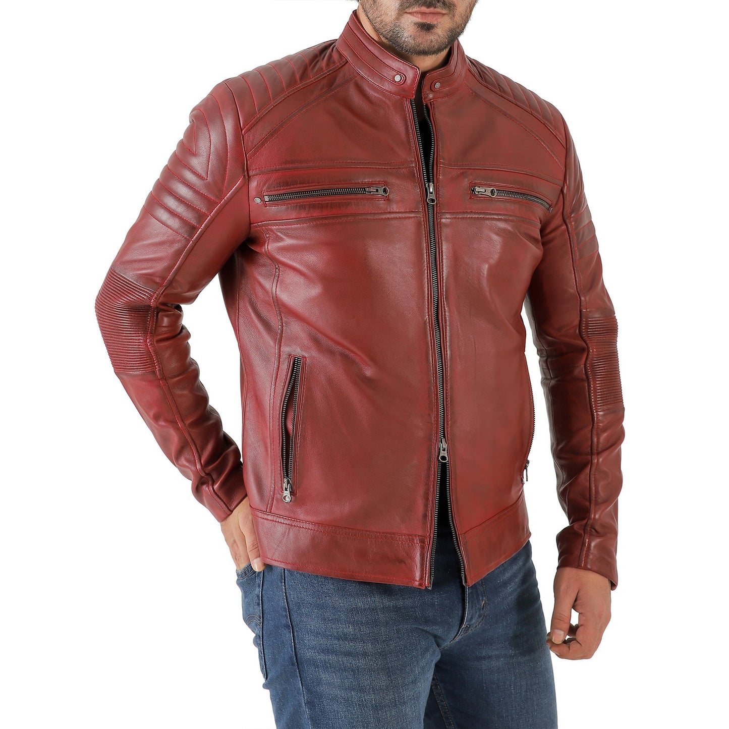 Jild Men's Cafe Racer Biker Leather Jacket