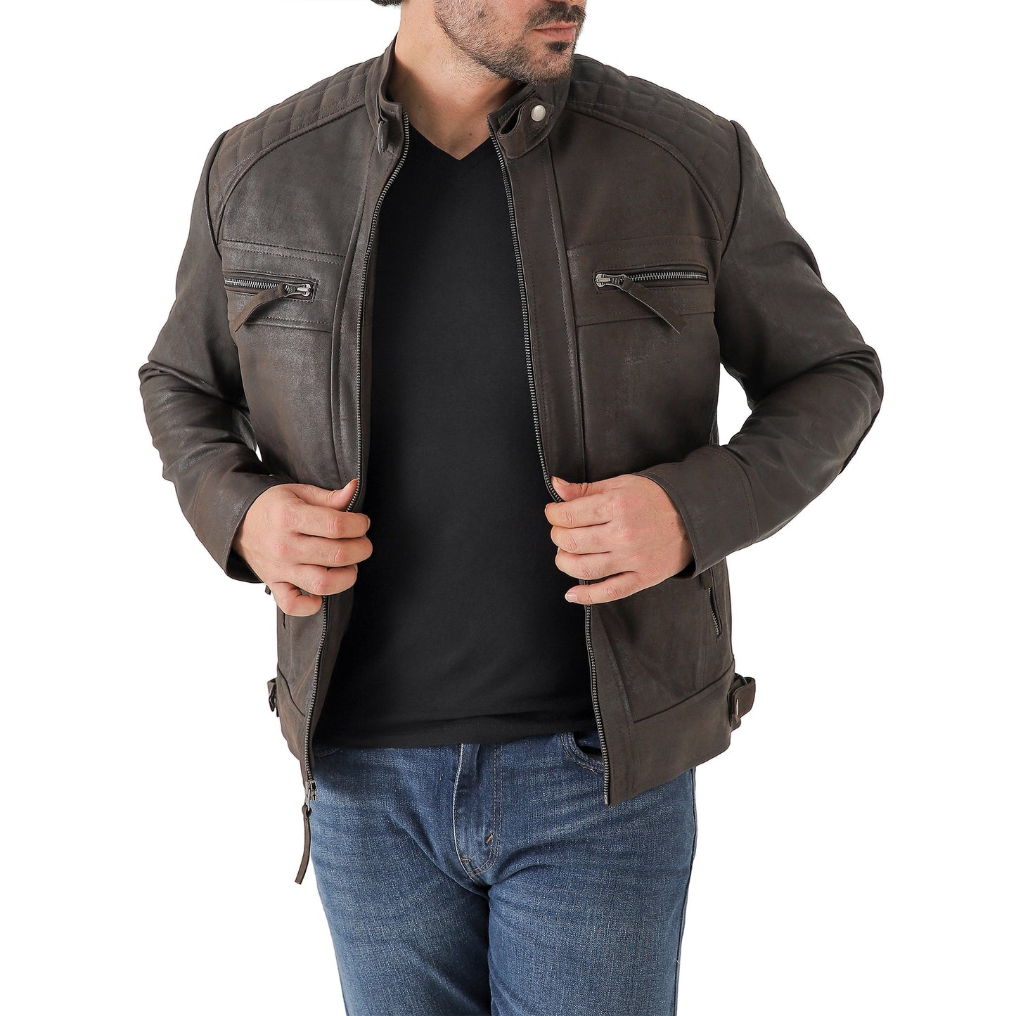 Men’s Vintage Brown Diamond Lambskin Leather Biker Jacket