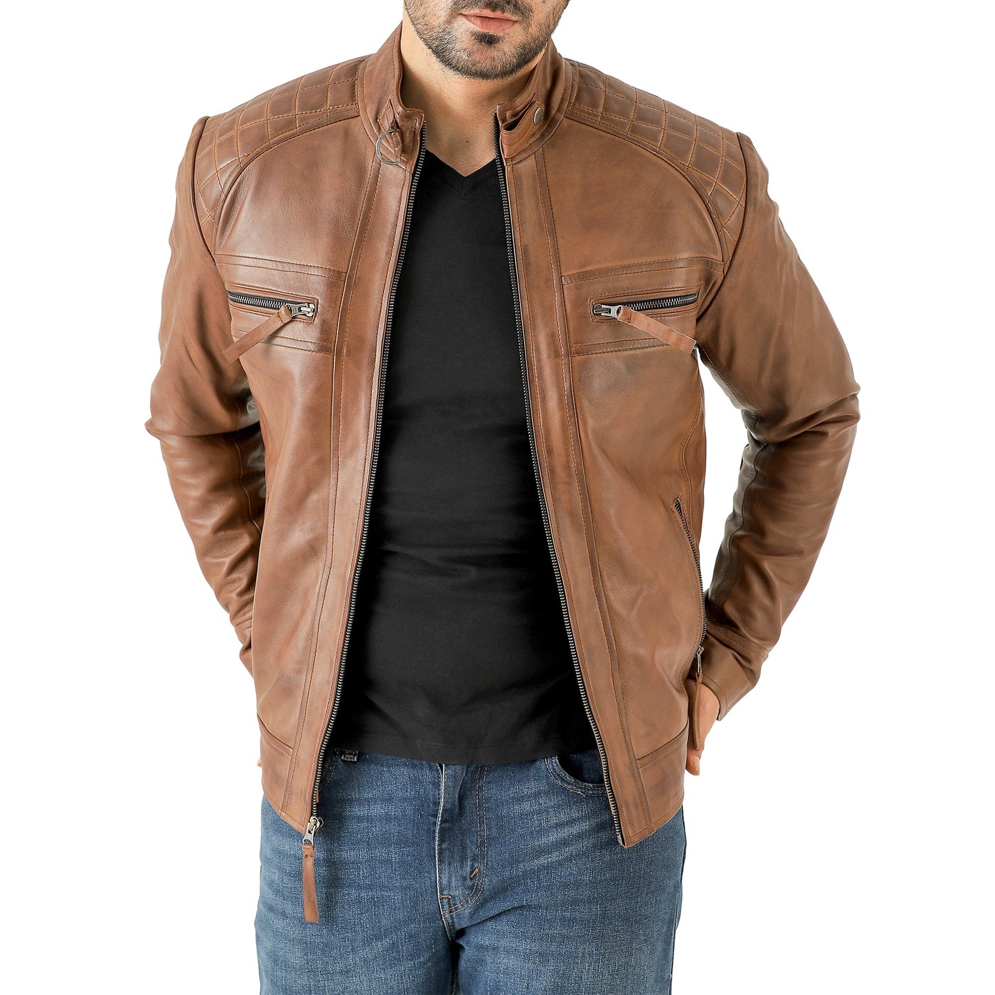 Men’s Vintage Brown Diamond Lambskin Leather Biker Jacket