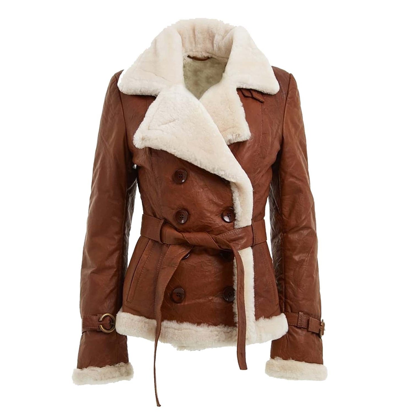 Women’s Tan Double Breasted Real Shearling Leather Jacket