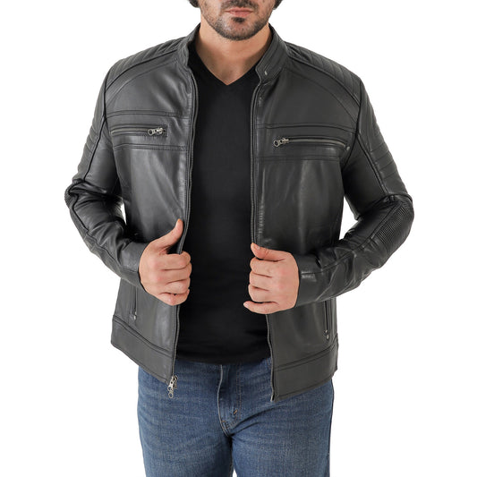 Jild Men's Cafe Racer Biker Leather Jacket