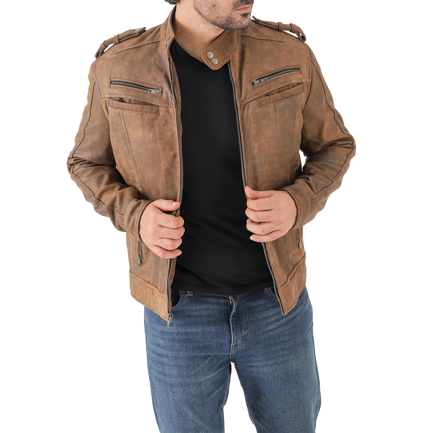 Men’s Waxed Leather Biker Jacket – Vintage Style with Shoulder Epaulettes