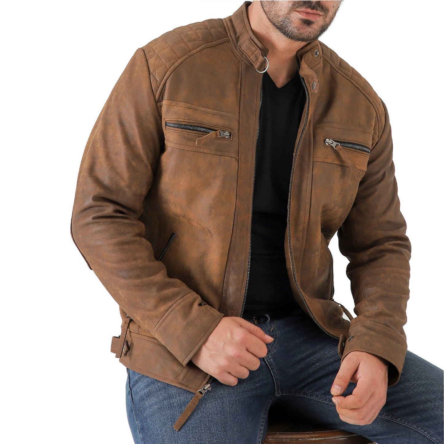 Men’s Vintage Brown Diamond Lambskin Leather Biker Jacket