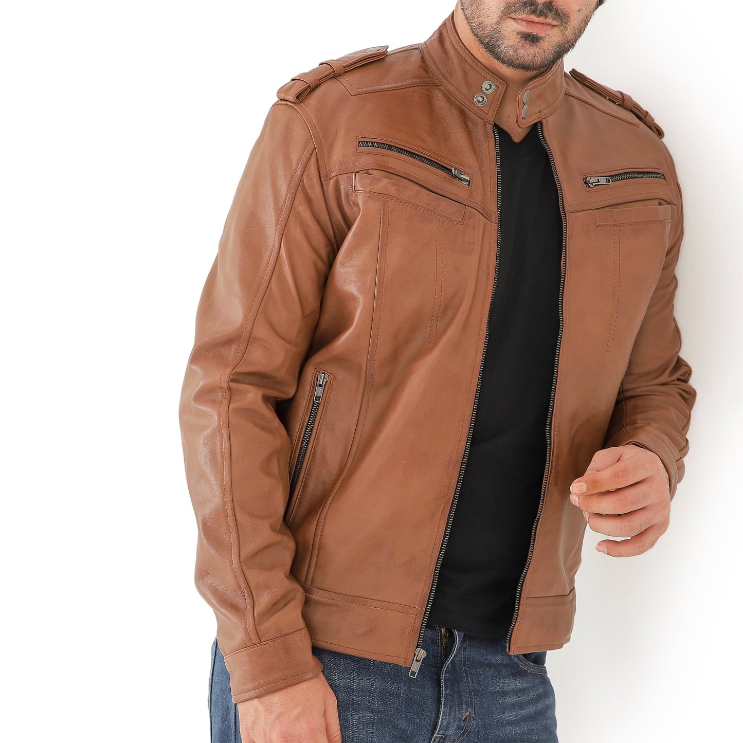 Men’s Waxed Leather Biker Jacket – Vintage Style with Shoulder Epaulettes