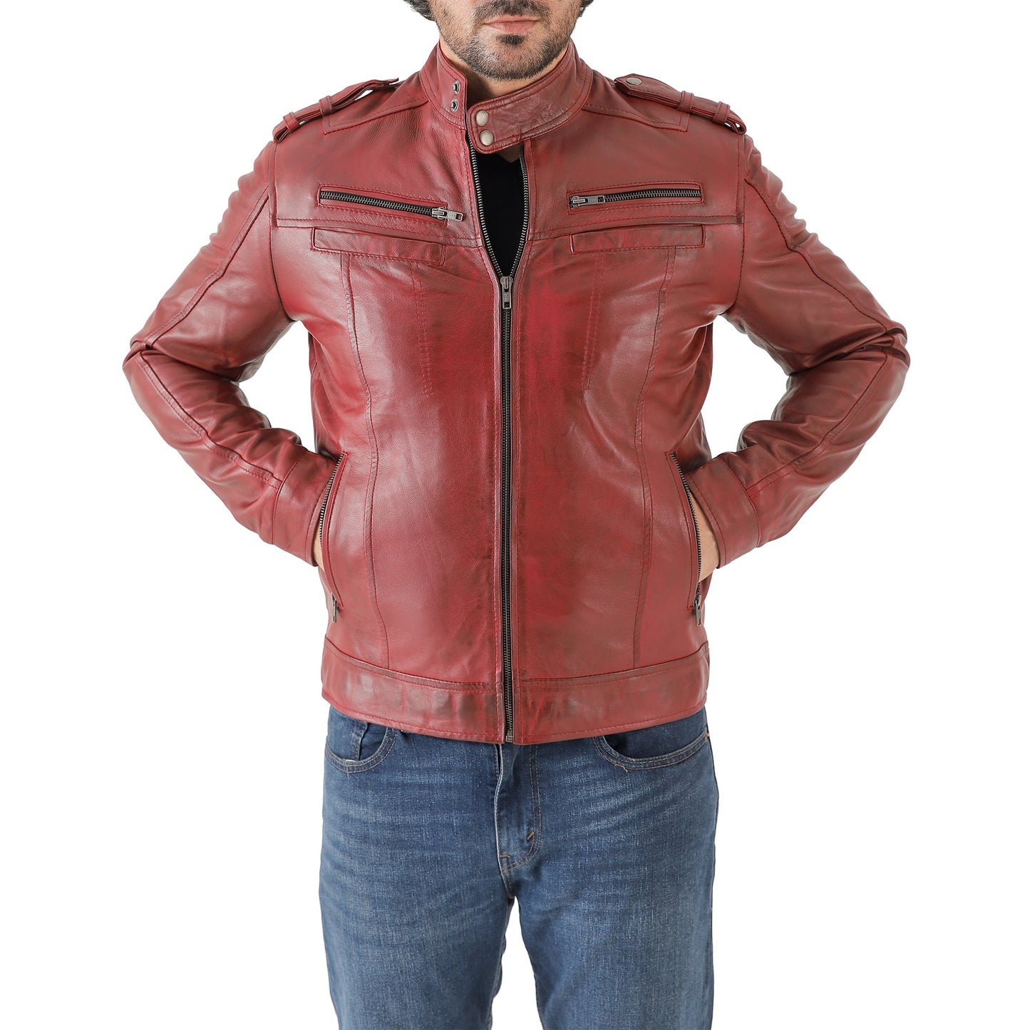 Men’s Waxed Leather Biker Jacket – Vintage Style with Shoulder Epaulettes