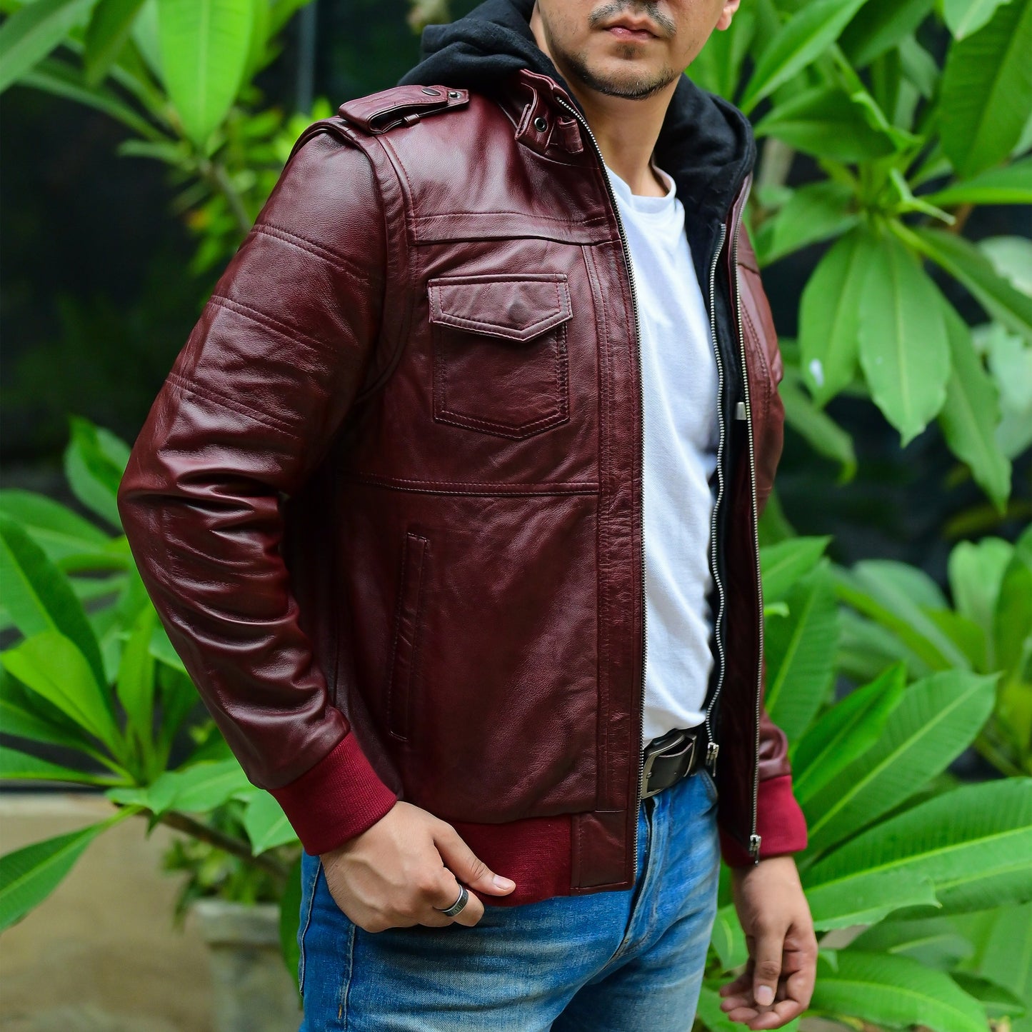 Jild Hooded Leather Bomber Jacket with Removable Hood & Sleeves