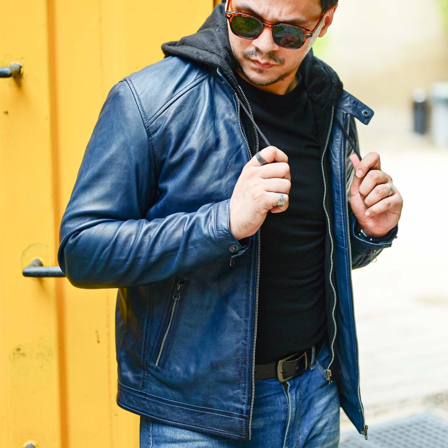 Jild Casual Hooded Vintage Leather Jacket Men with Removable Hood