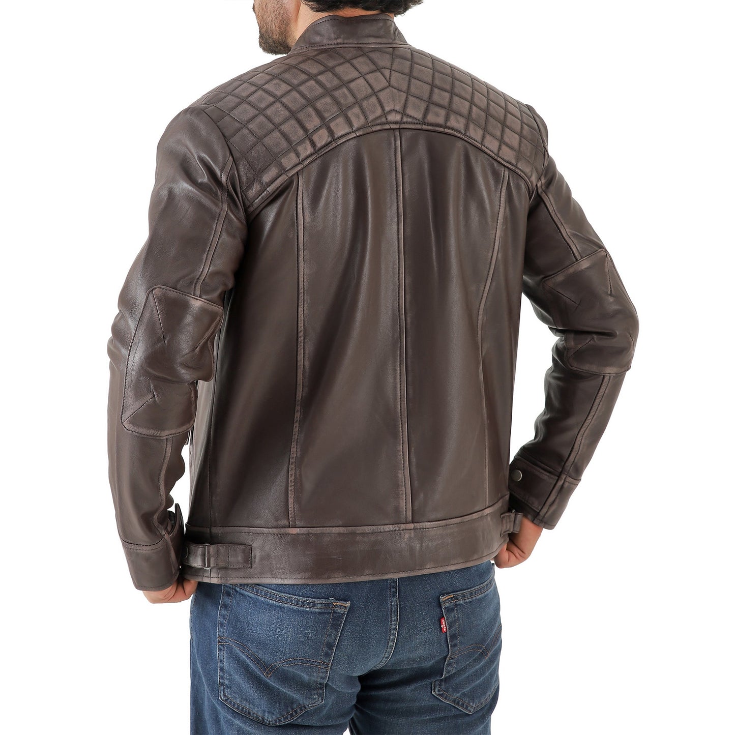 Men’s Vintage Brown Diamond Lambskin Leather Biker Jacket