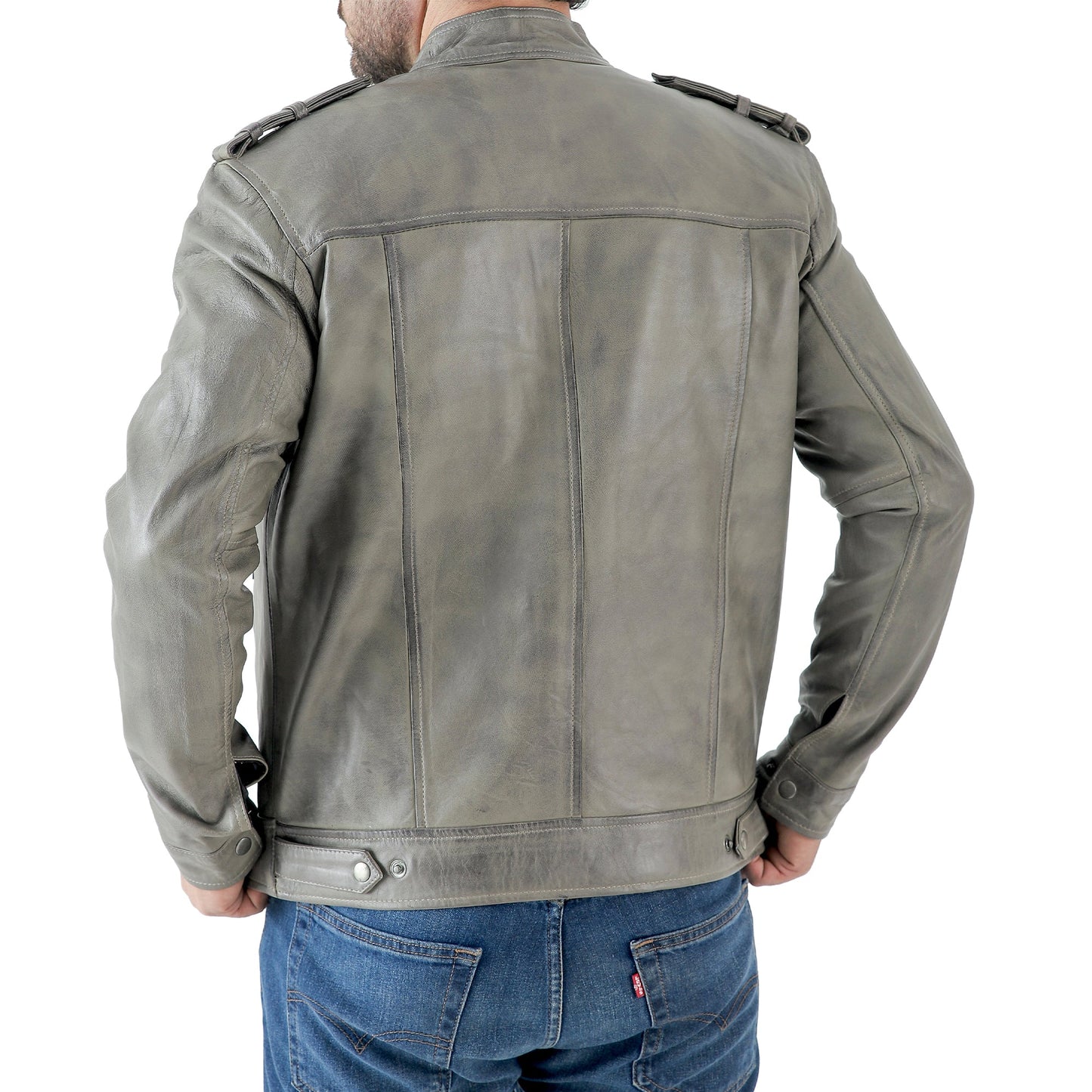 Men’s Waxed Leather Biker Jacket – Vintage Style with Shoulder Epaulettes
