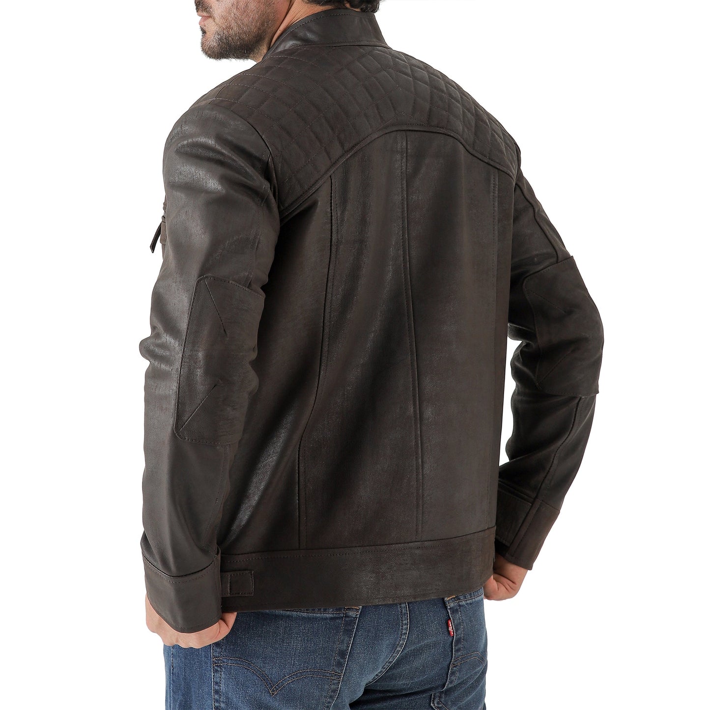 Men’s Vintage Brown Diamond Lambskin Leather Biker Jacket