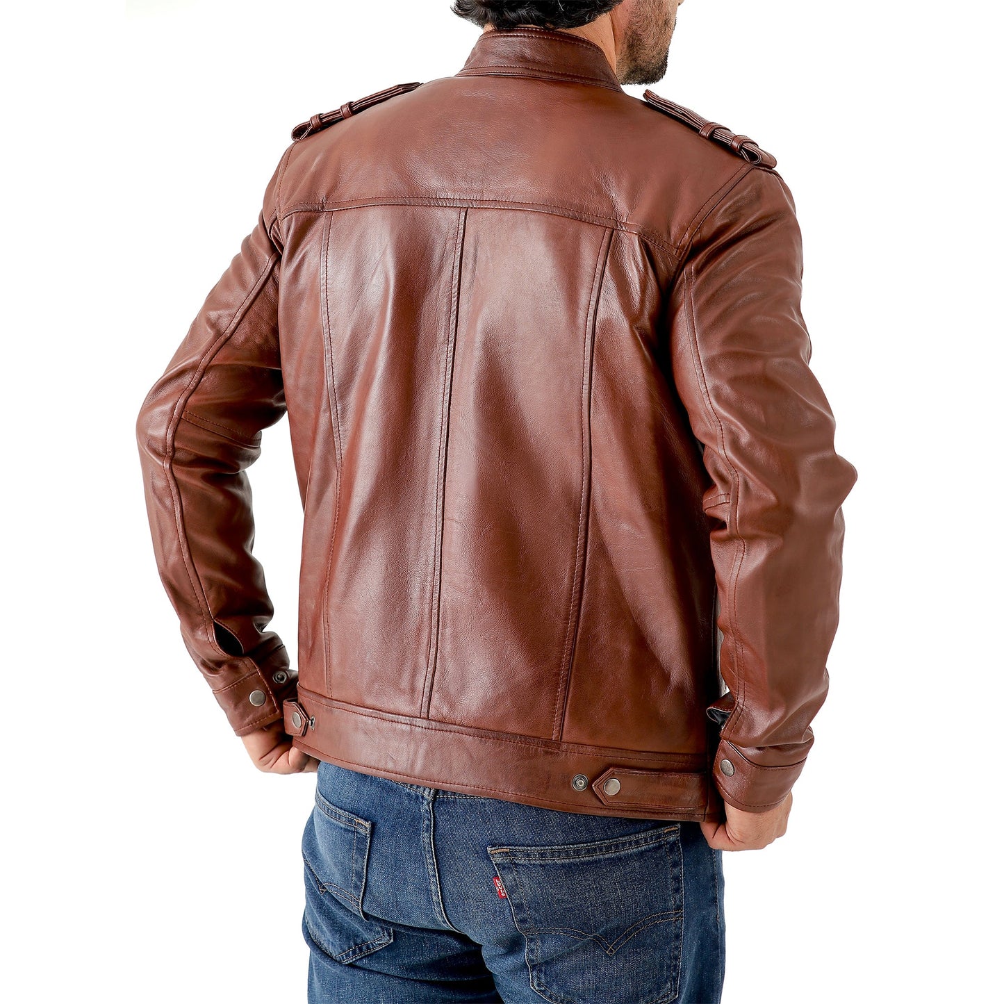 Men’s Waxed Leather Biker Jacket – Vintage Style with Shoulder Epaulettes