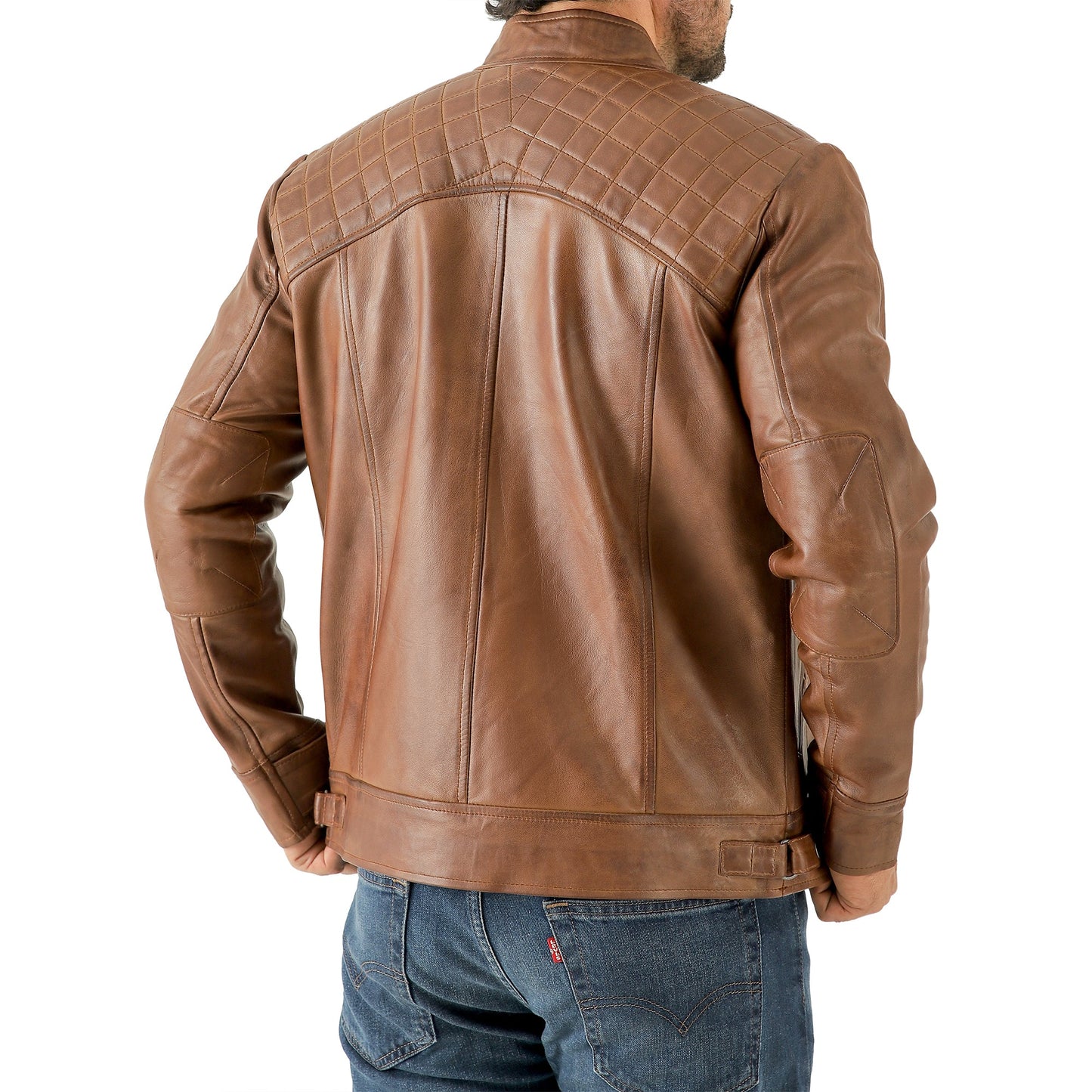 Men’s Vintage Brown Diamond Lambskin Leather Biker Jacket
