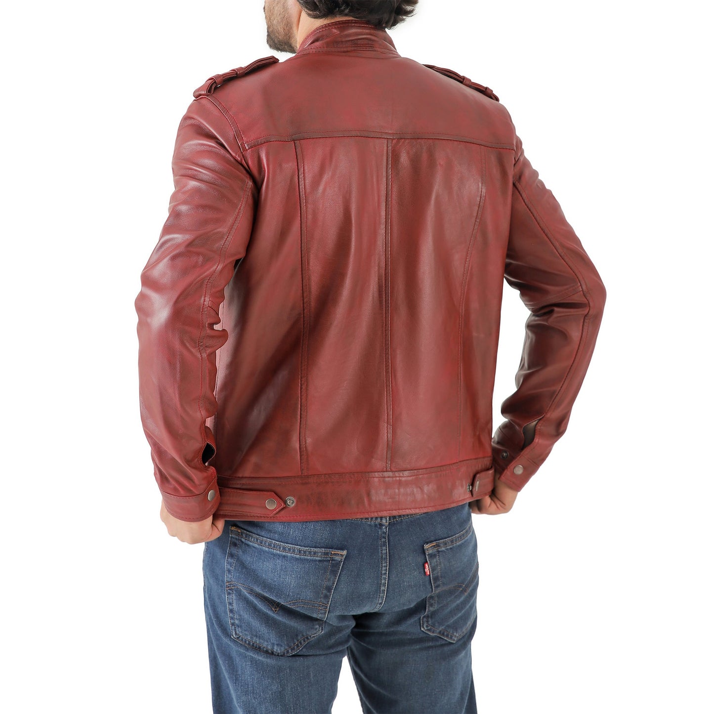 Men’s Waxed Leather Biker Jacket – Vintage Style with Shoulder Epaulettes