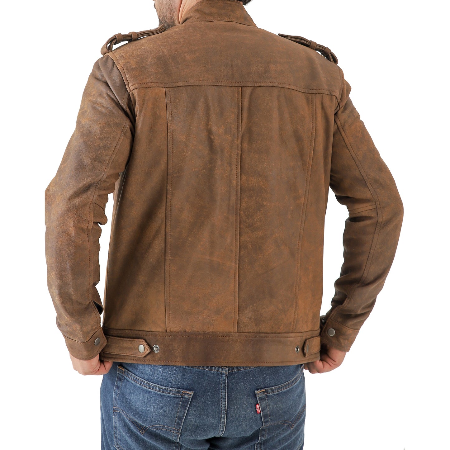 Men’s Waxed Leather Biker Jacket – Vintage Style with Shoulder Epaulettes