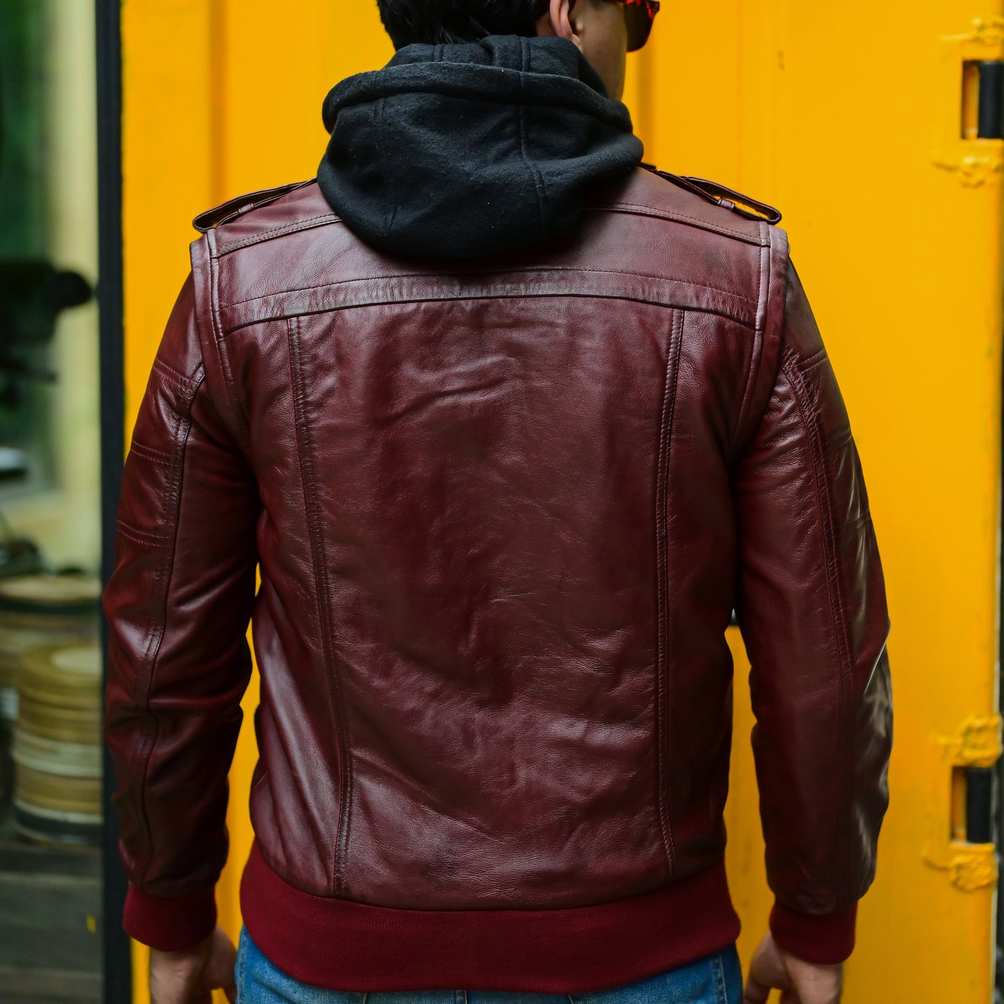 Jild Hooded Leather Bomber Jacket with Removable Hood & Sleeves