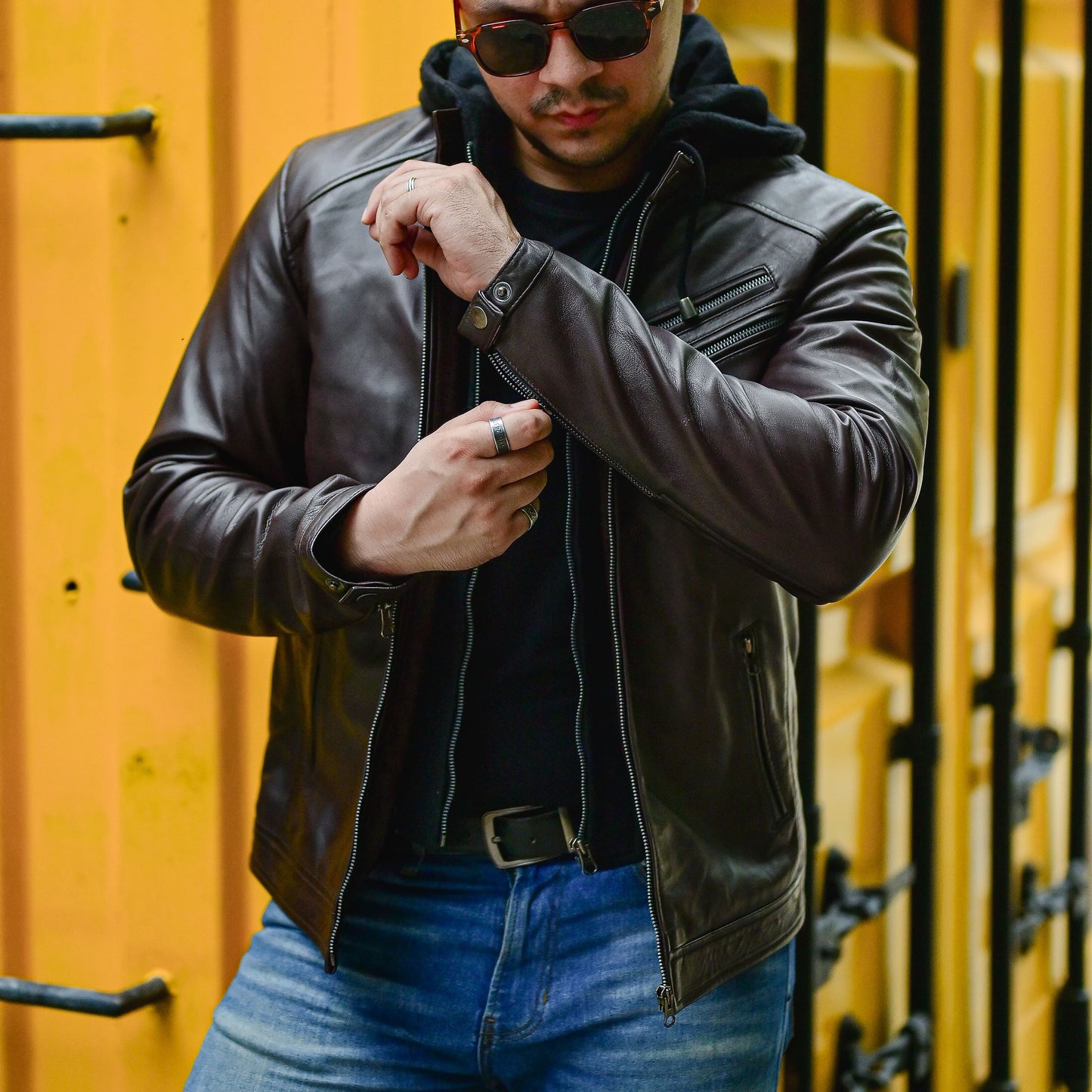 Jild Casual Hooded Vintage Leather Jacket Men with Removable Hood