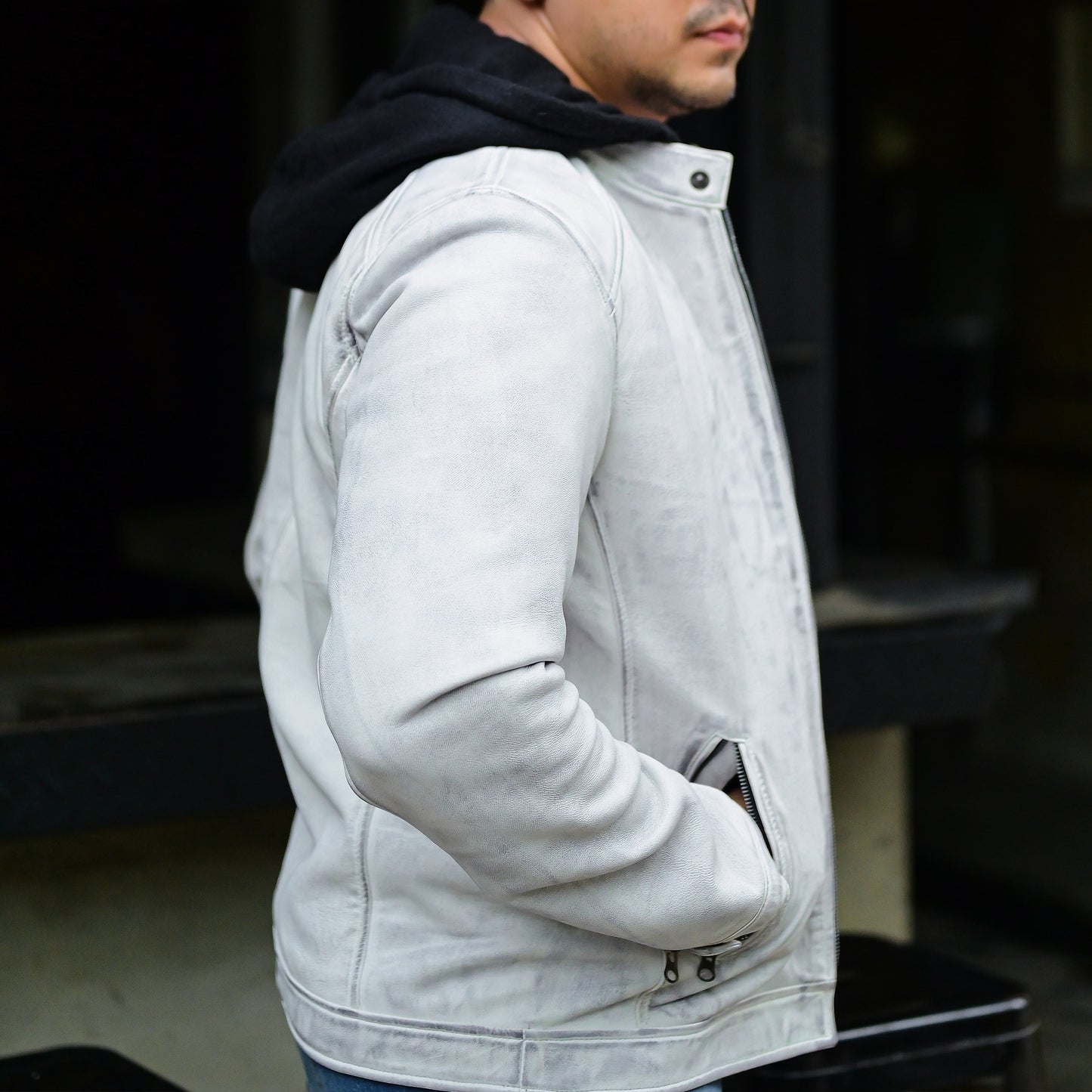 Jild Casual Hooded Vintage Leather Jacket Men with Removable Hood