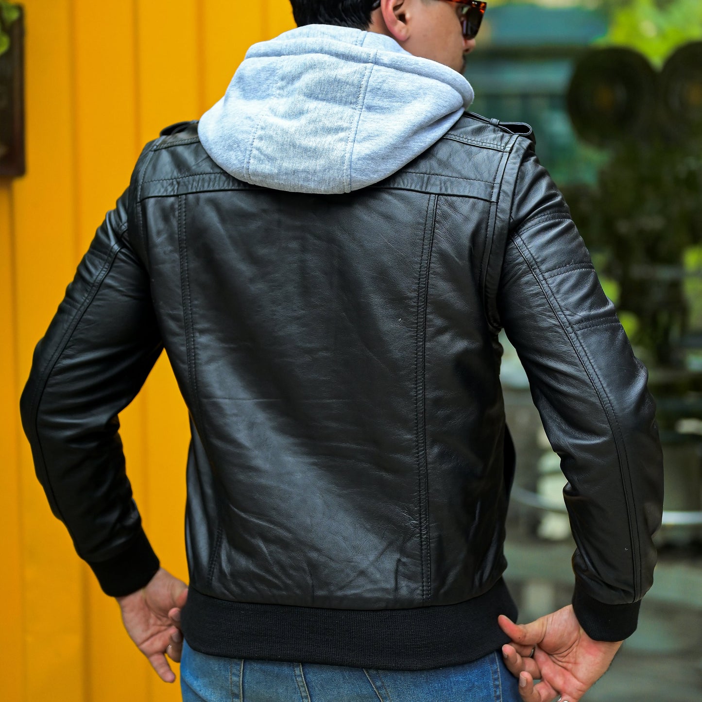 Jild Hooded Leather Bomber Jacket with Removable Hood & Sleeves