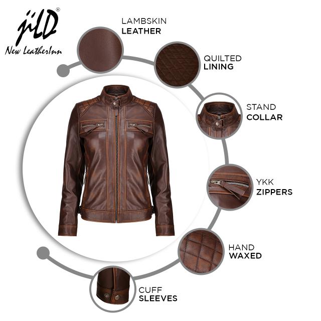 Café Racer Leather Jacket Women - Zip Up Moto Biker Style Casual Fashion Real Lambskin Women's Leather Jacket