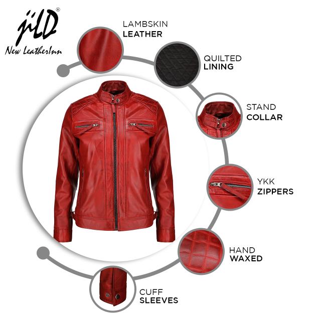 Café Racer Leather Jacket Women - Zip Up Moto Biker Style Casual Fashion Real Lambskin Women's Leather Jacket