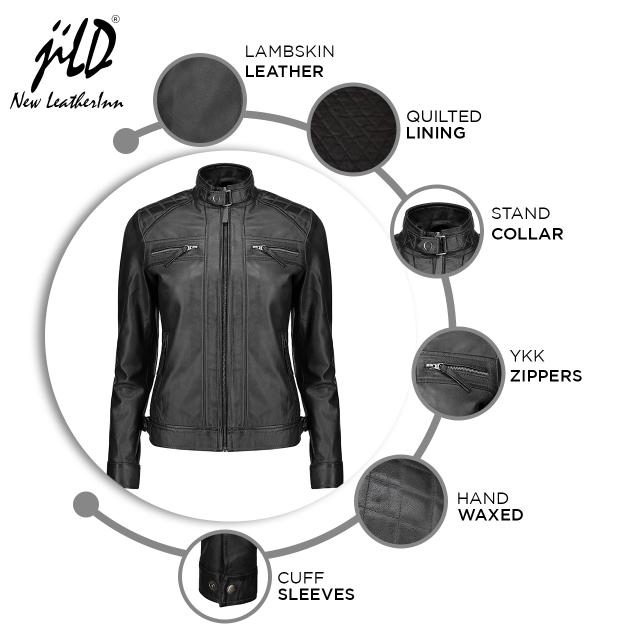 Café Racer Leather Jacket Women - Zip Up Moto Biker Style Casual Fashion Real Lambskin Women's Leather Jacket