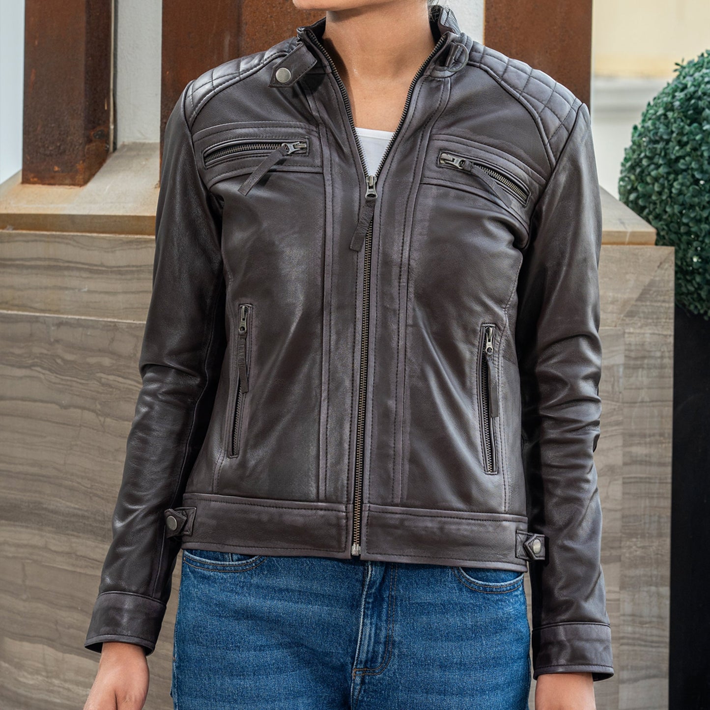 Women’s Quilted Lambskin Leather Jacket  Cafe Racer Style