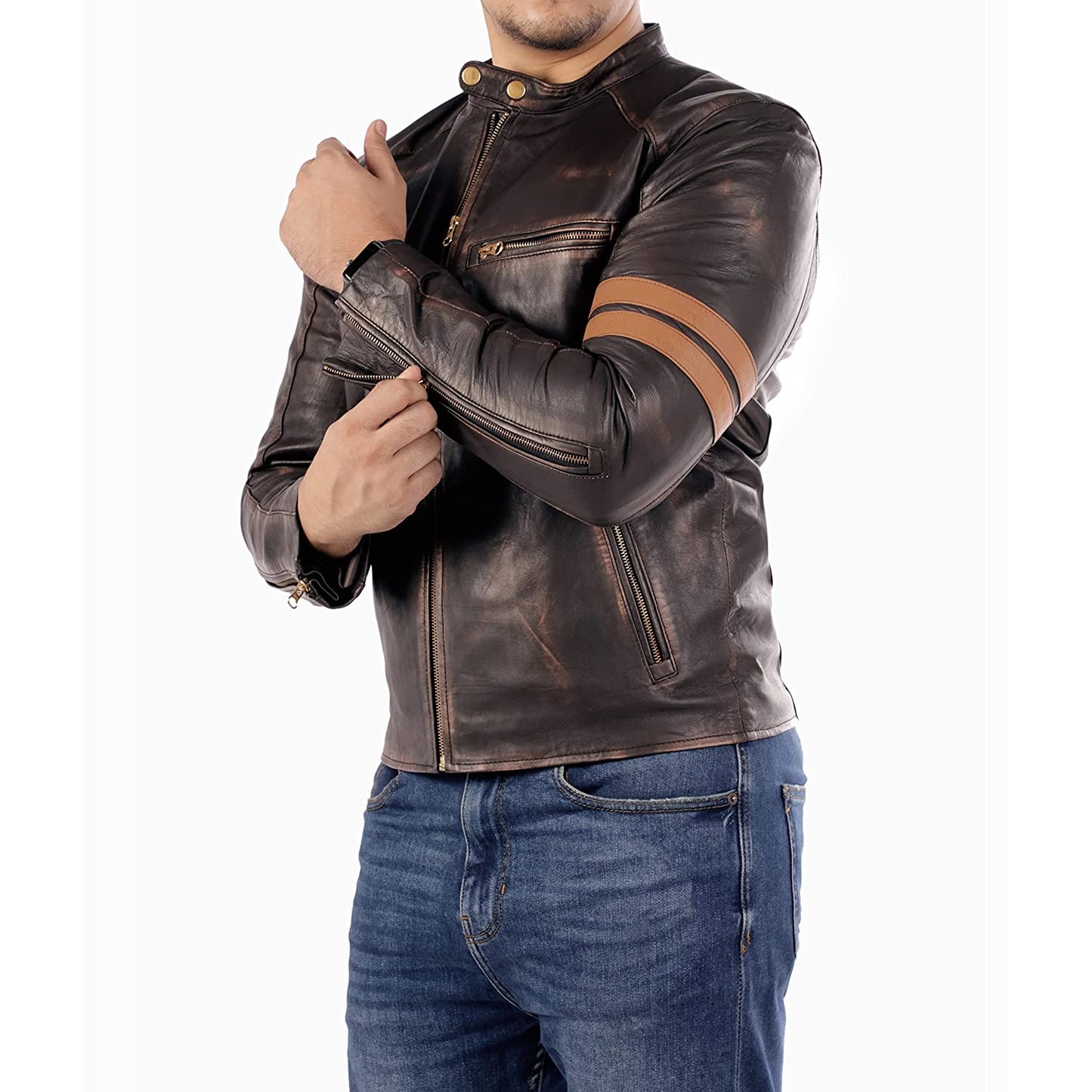 Men's Distressed Brown Cafe Racer Leather Jacket