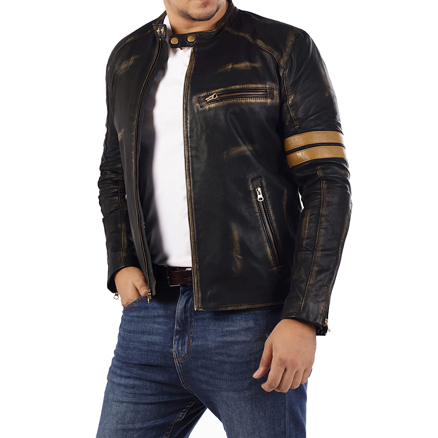 Mens Distressed Black Cafe Racer Leather Jacket
