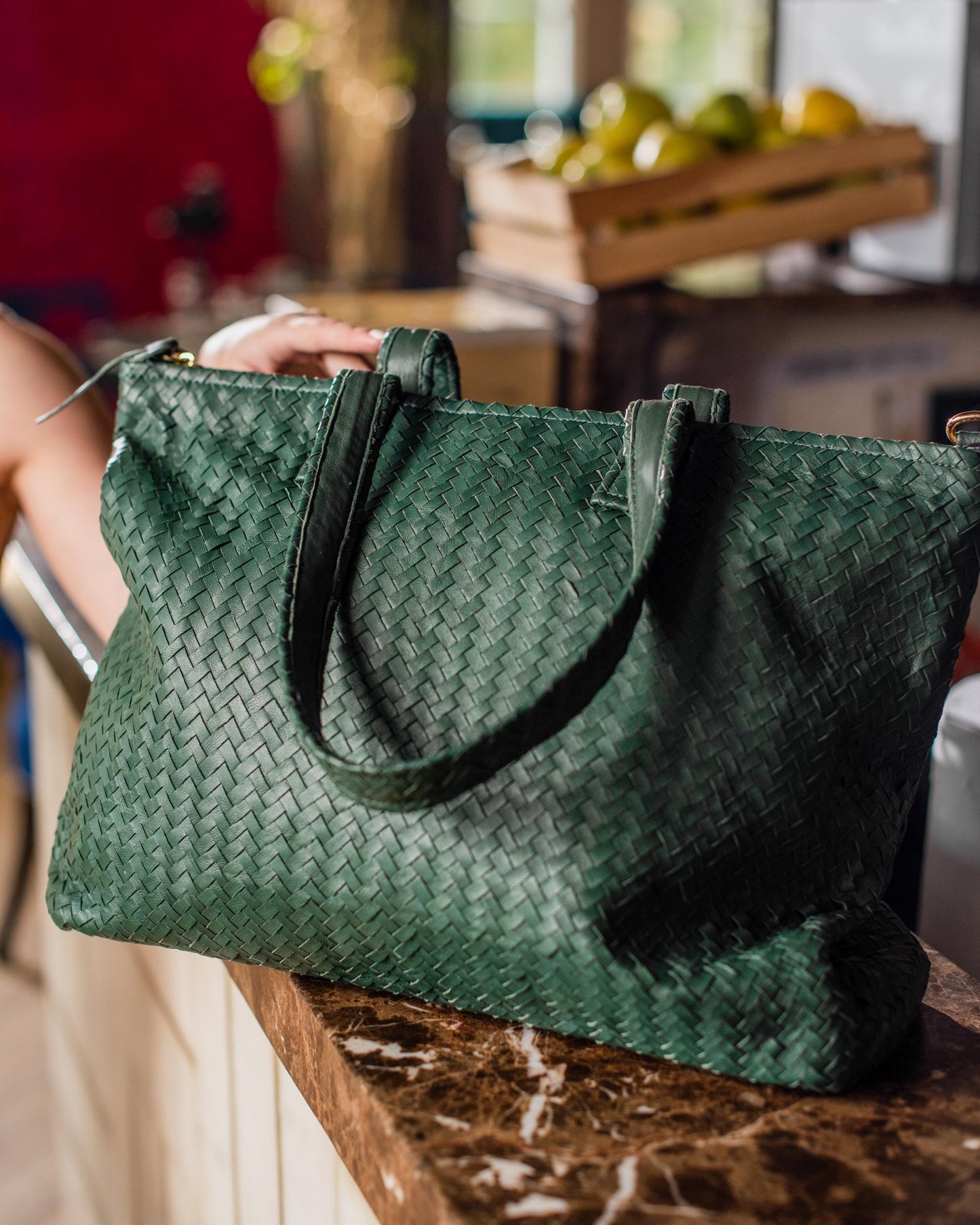 Handmade Woven Original Leather Bag With Zipper-Green