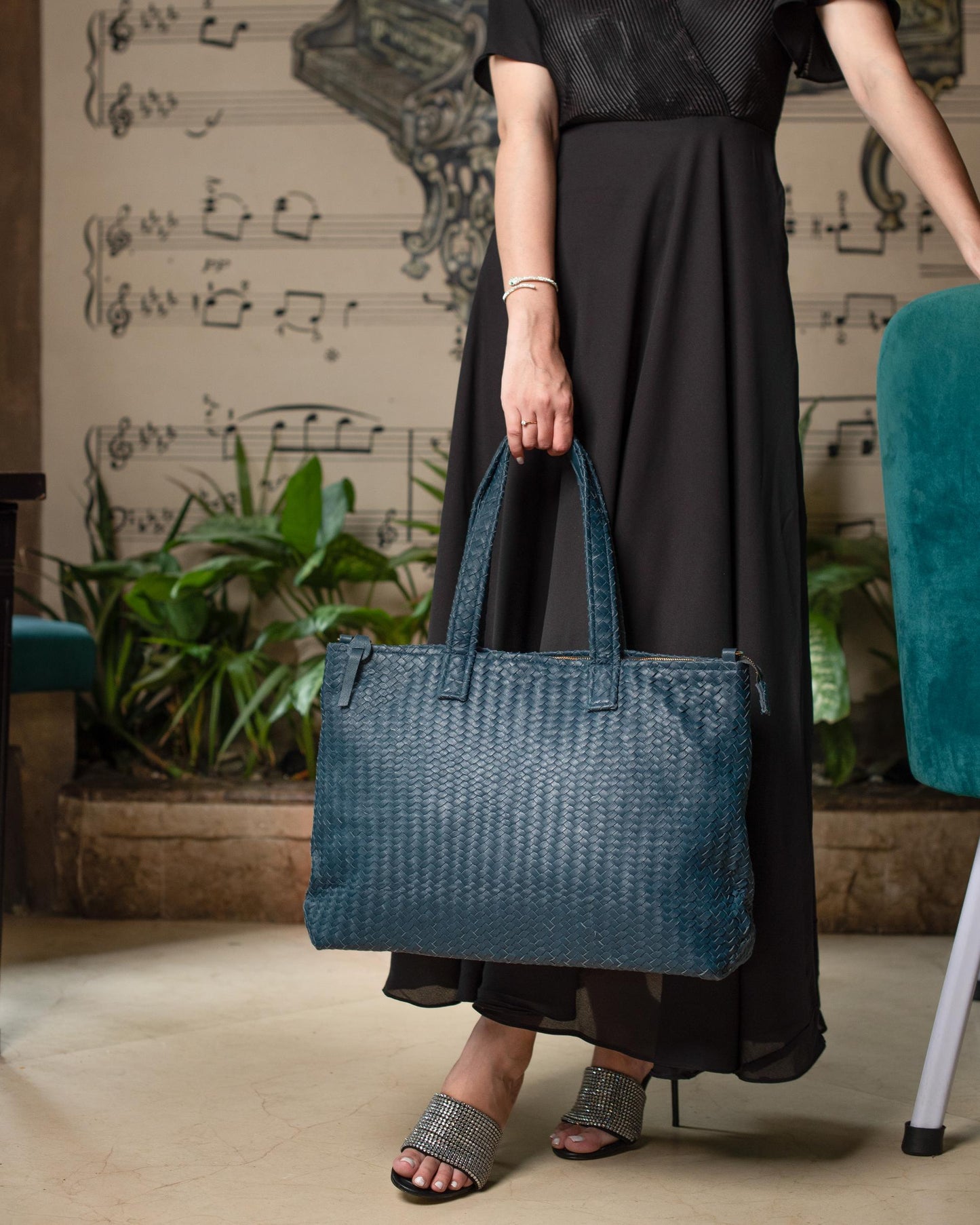 Handmade Woven Original Leather Bag With Zipper-Blue