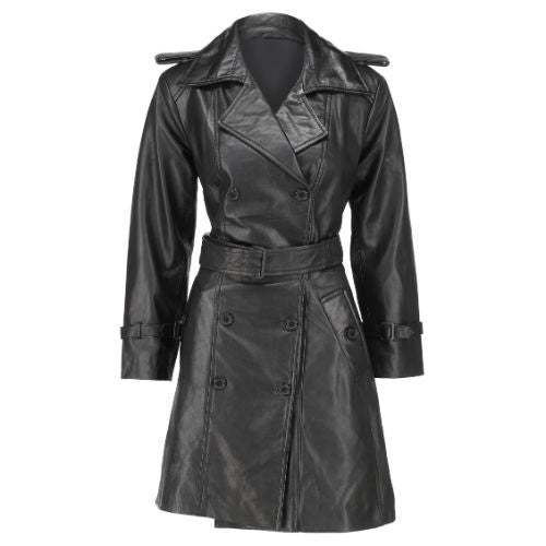 Women S Double Breasted Black Leather Trench Coat
