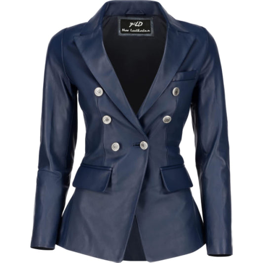Women's Kim Kardashian Double Breasted Blue Leather Blazer