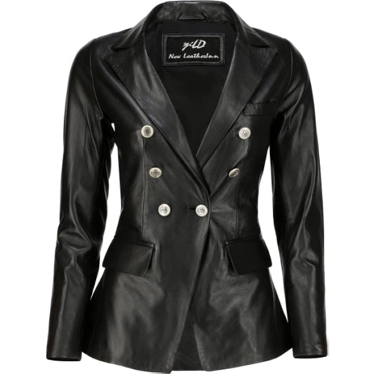 Women's Kim Kardashian Double Breasted Black Leather Blazer