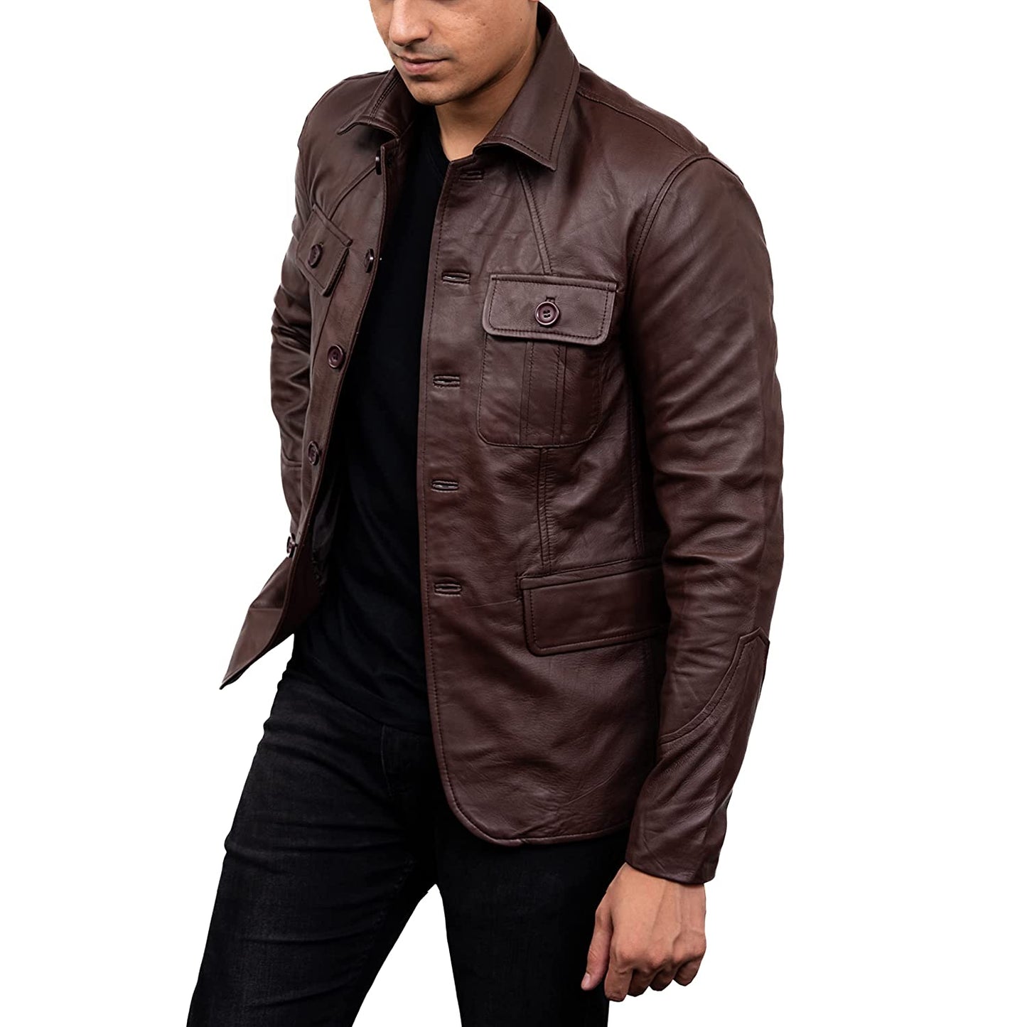 Men's 5-Buttons Lambskin Brown Leather Coat