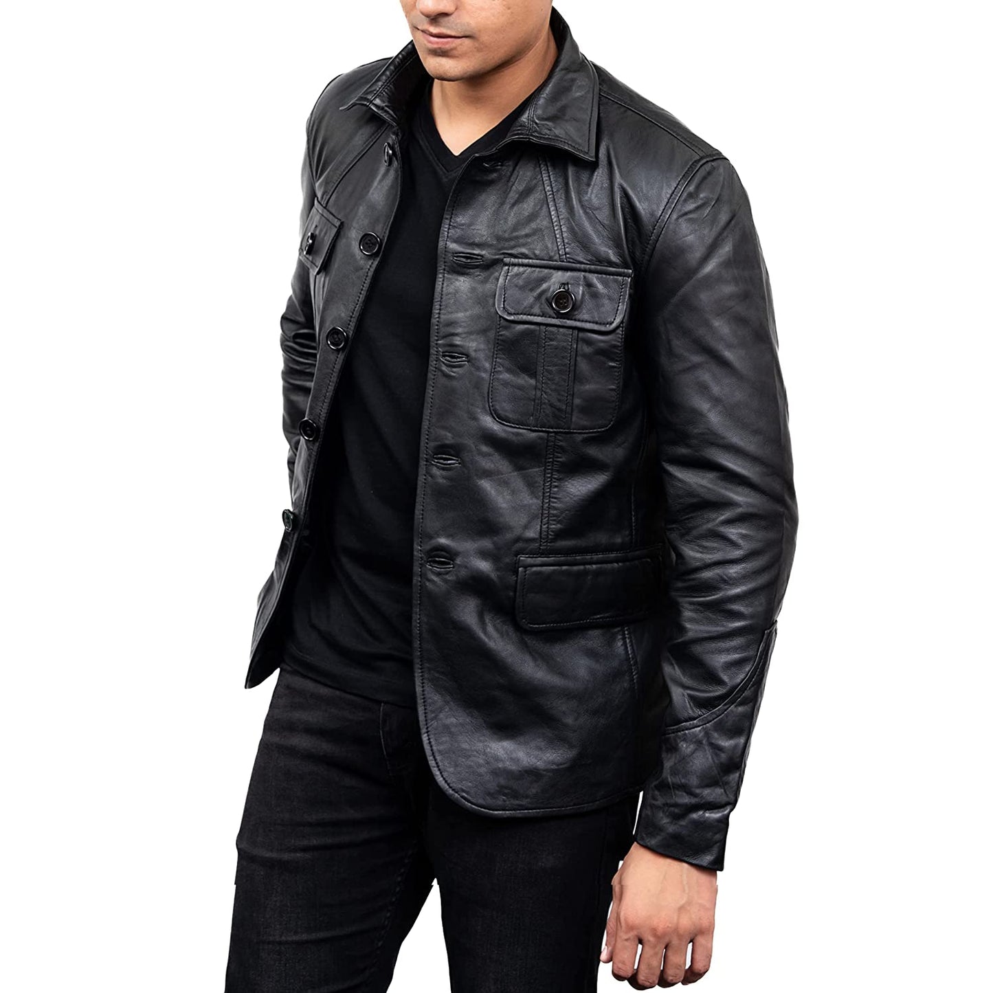 Men's 5-Buttons Lambskin Black Leather Coat