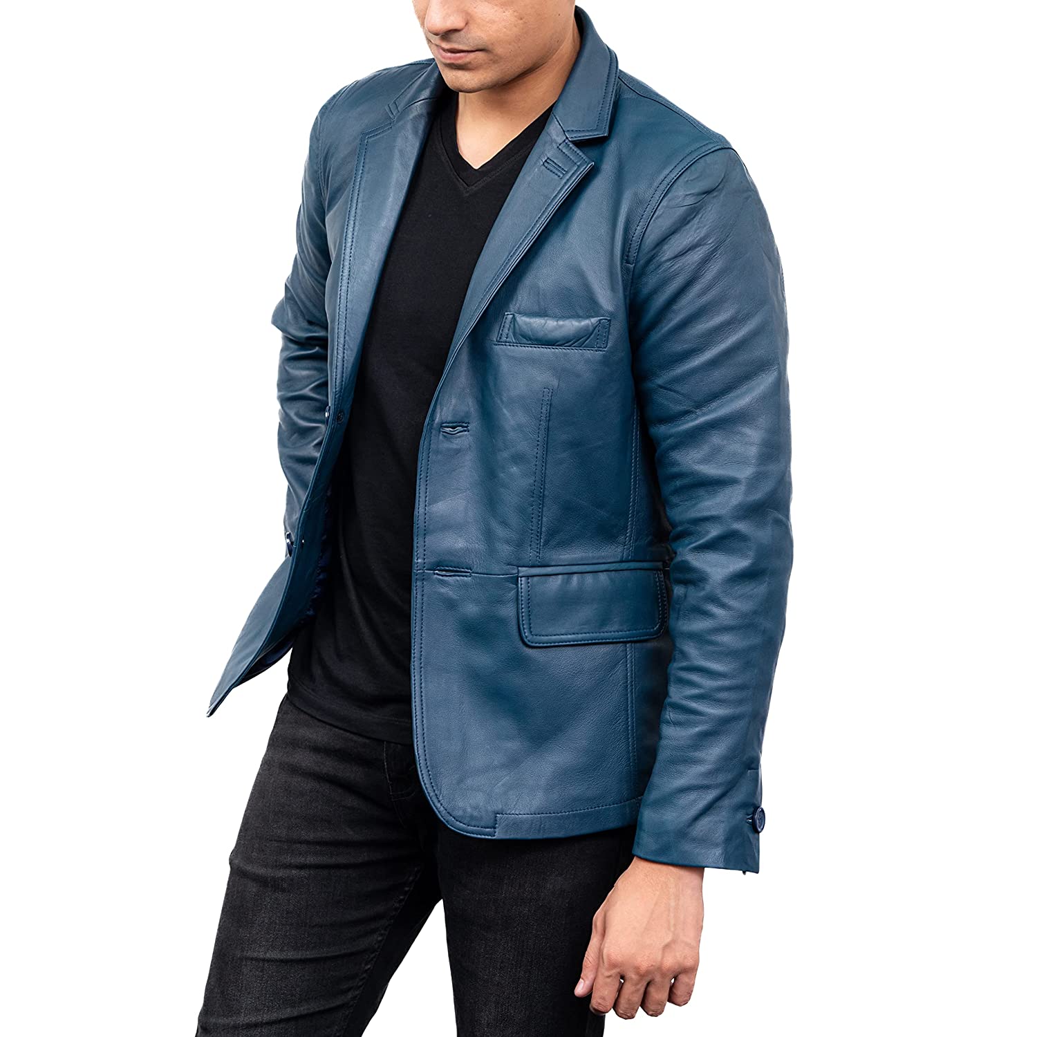 Mens Lambskin Blue Leather Blazer