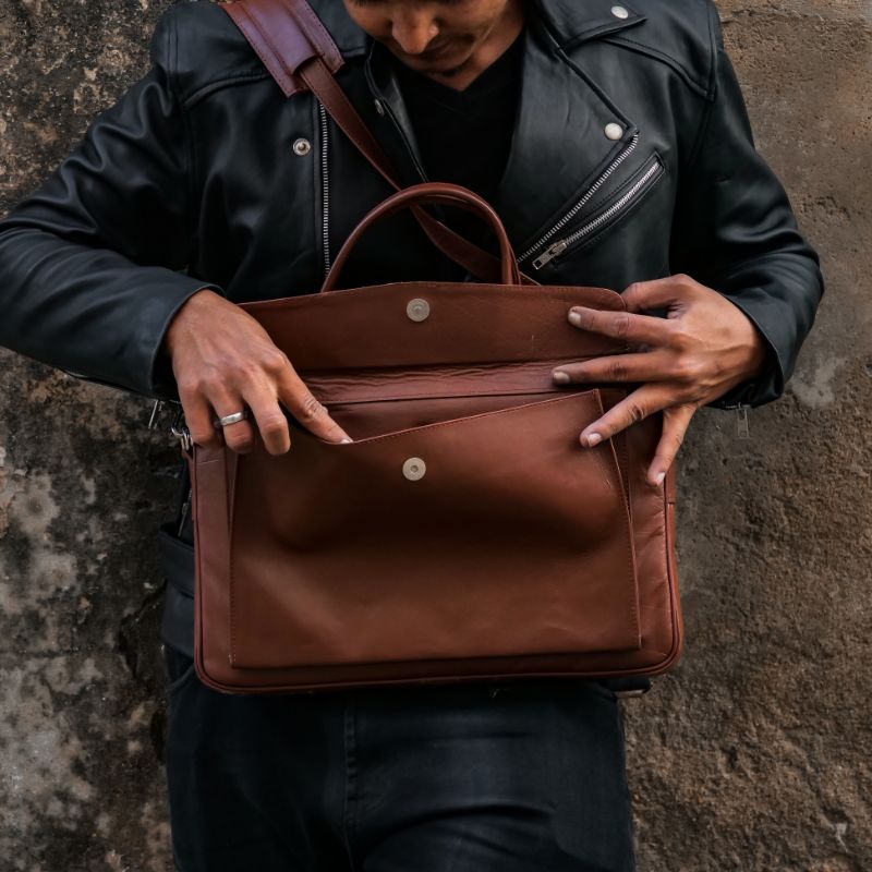 Parker Slim Leather Laptop Bag-Tan