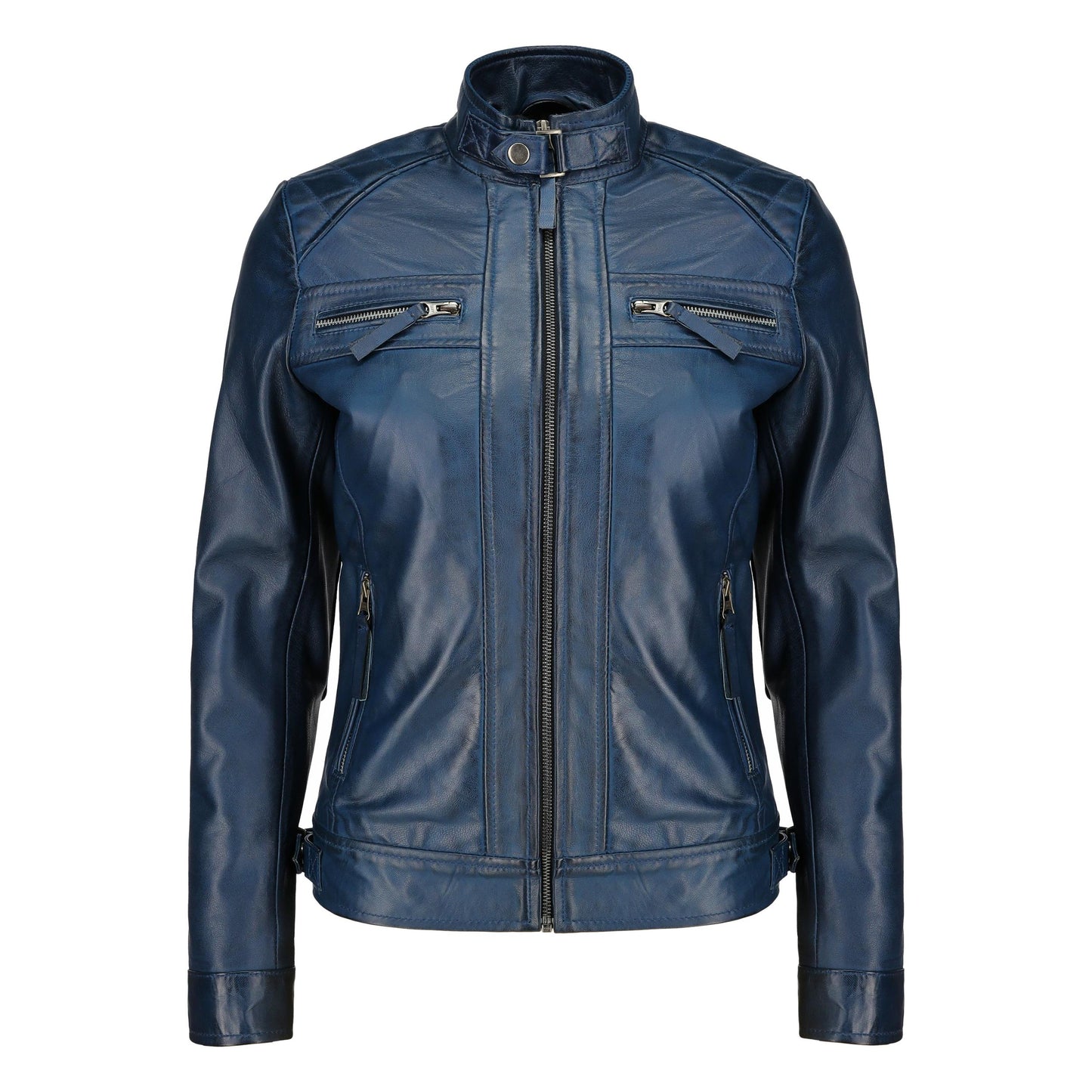 Café Racer Leather Jacket Women - Zip Up Moto Biker Style Casual Fashion Real Lambskin Women's Leather Jacket