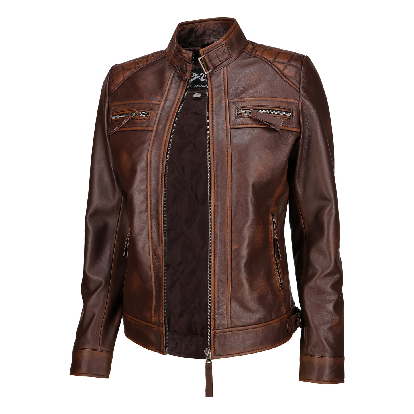 Café Racer Leather Jacket Women - Zip Up Moto Biker Style Casual Fashion Real Lambskin Women's Leather Jacket