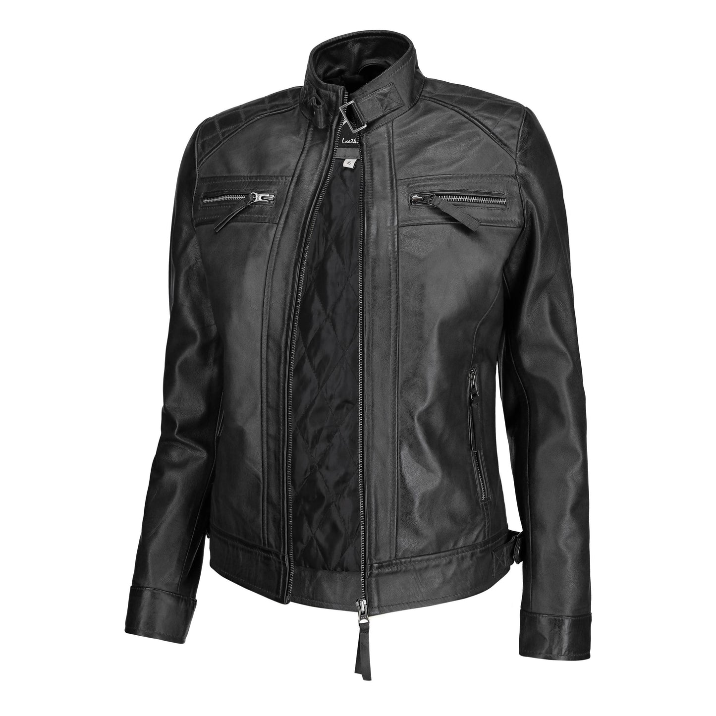 Café Racer Leather Jacket Women - Zip Up Moto Biker Style Casual Fashion Real Lambskin Women's Leather Jacket