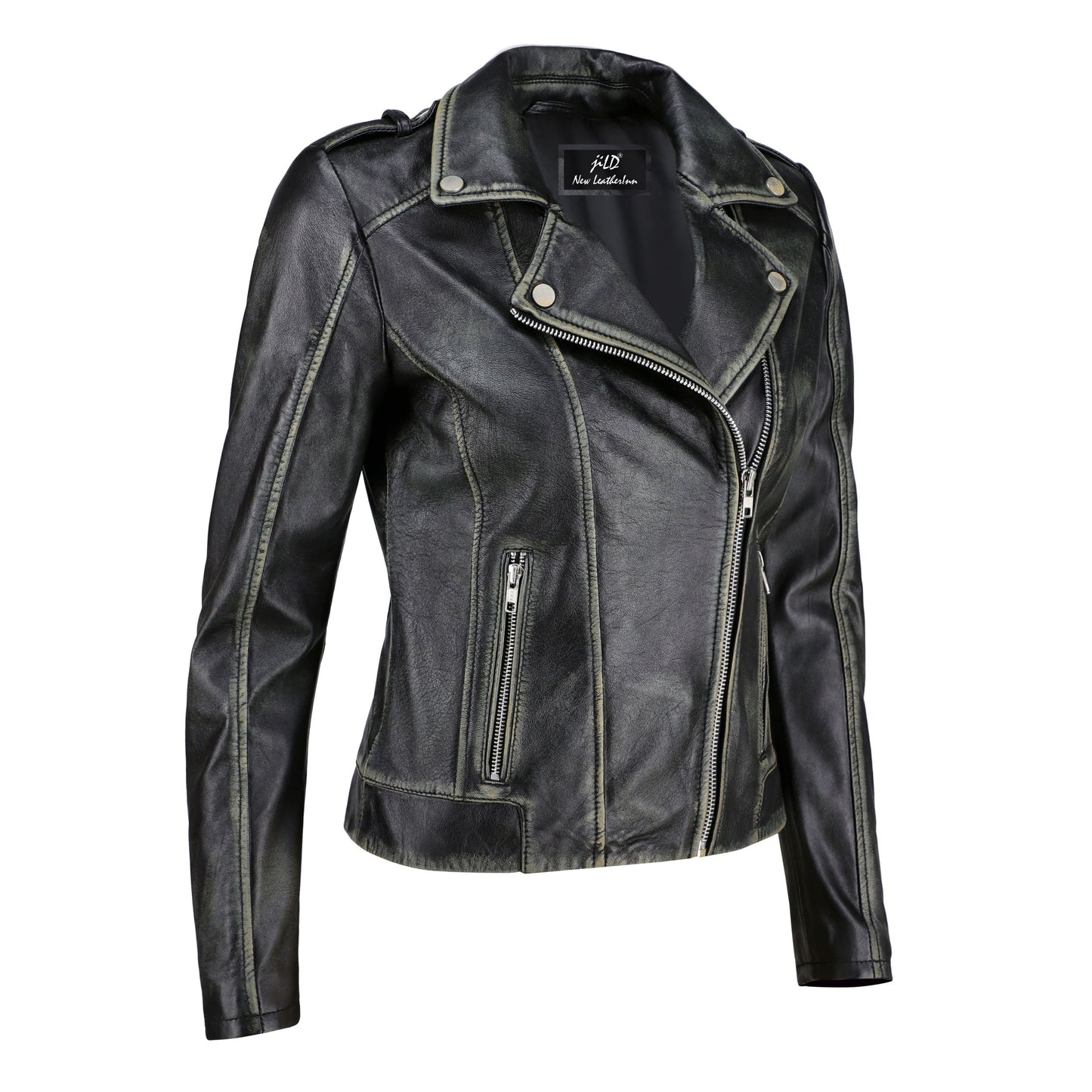Women's Handwaxed Biker Style Motorcycle Zip-Up Leather Jacket