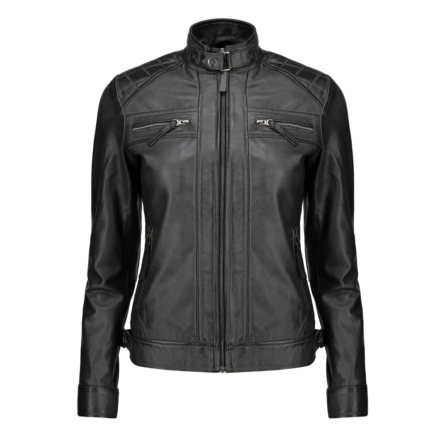 Café Racer Leather Jacket Women - Zip Up Moto Biker Style Casual Fashion Real Lambskin Women's Leather Jacket